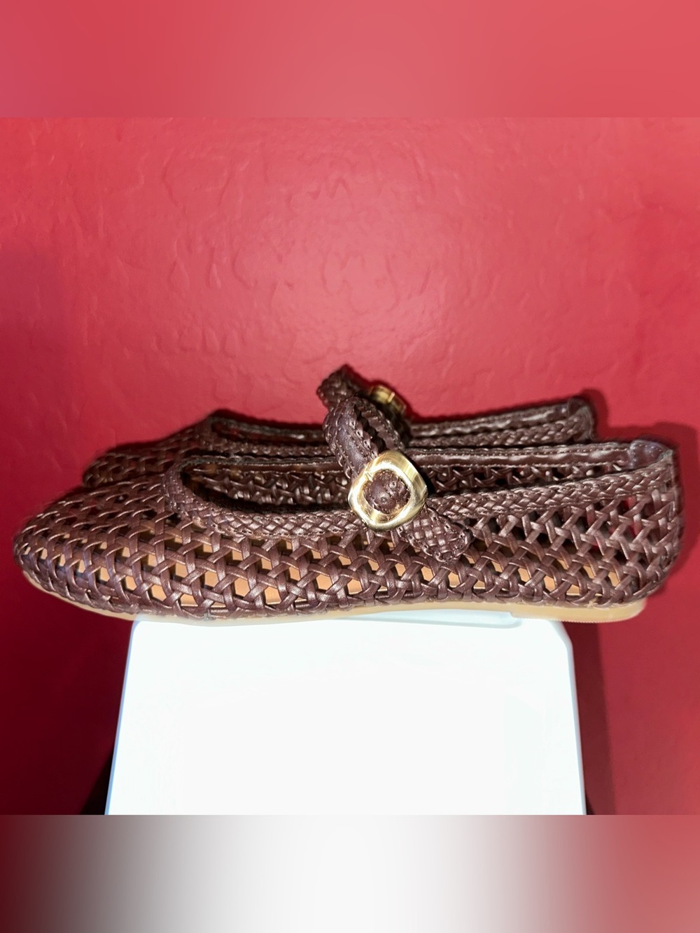 Universal Thread Brown Woven Mary Jane Flats with Gold Buckle